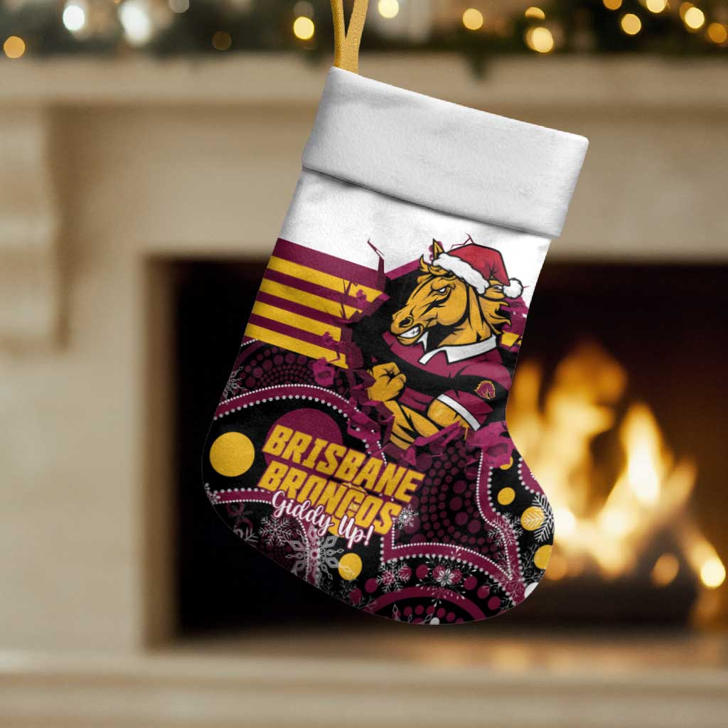 Custom Broncos Rugby Christmas Stocking Brisbane Giddy Up Aboriginal Art - Aussie Hoodie