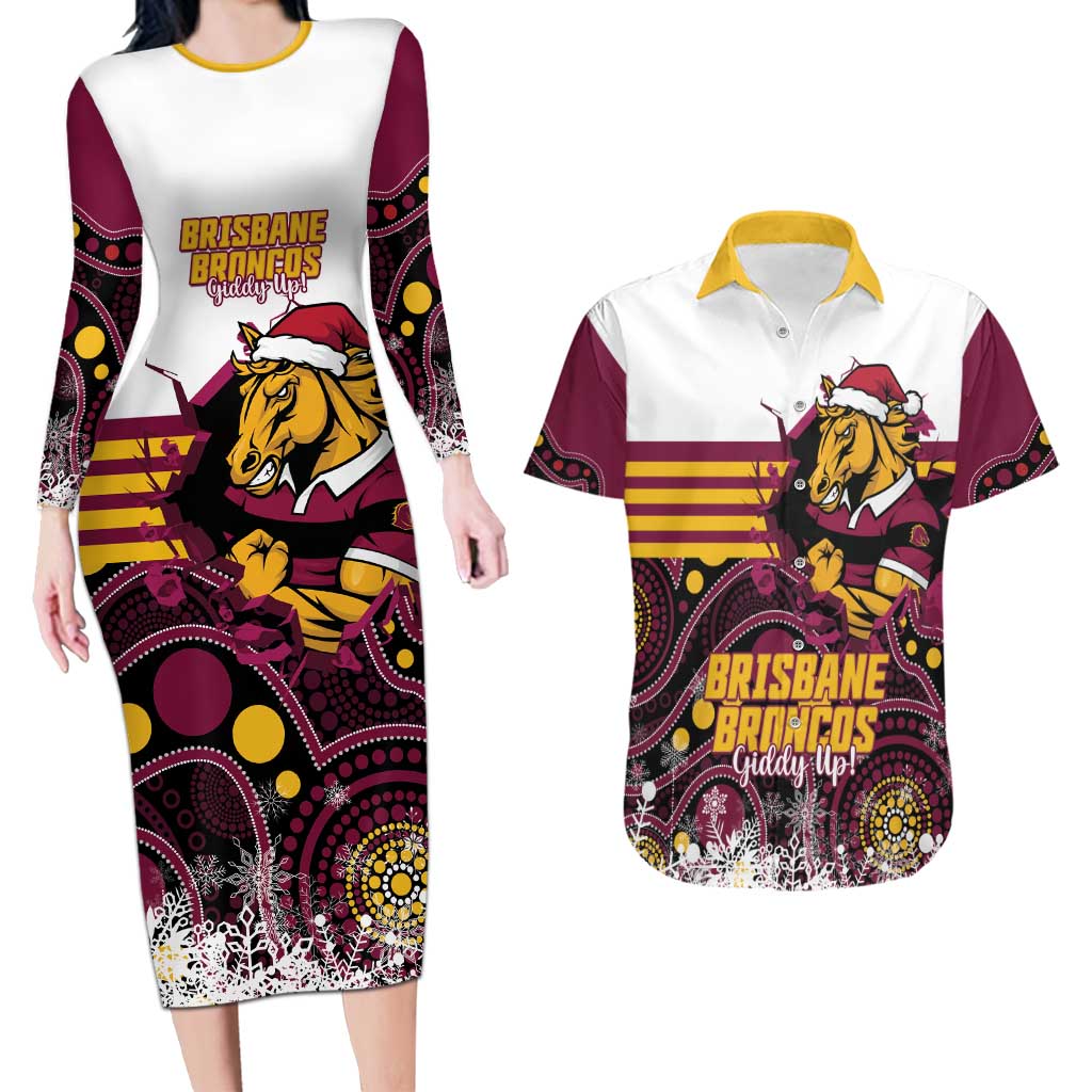 Custom Broncos Rugby Christmas Couples Matching Long Sleeve Bodycon Dress and Hawaiian Shirt Brisbane Giddy Up Aboriginal Art - Aussie Hoodie
