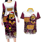 Custom Broncos Rugby Christmas Couples Matching Long Sleeve Bodycon Dress and Hawaiian Shirt Brisbane Giddy Up Aboriginal Art - Aussie Hoodie