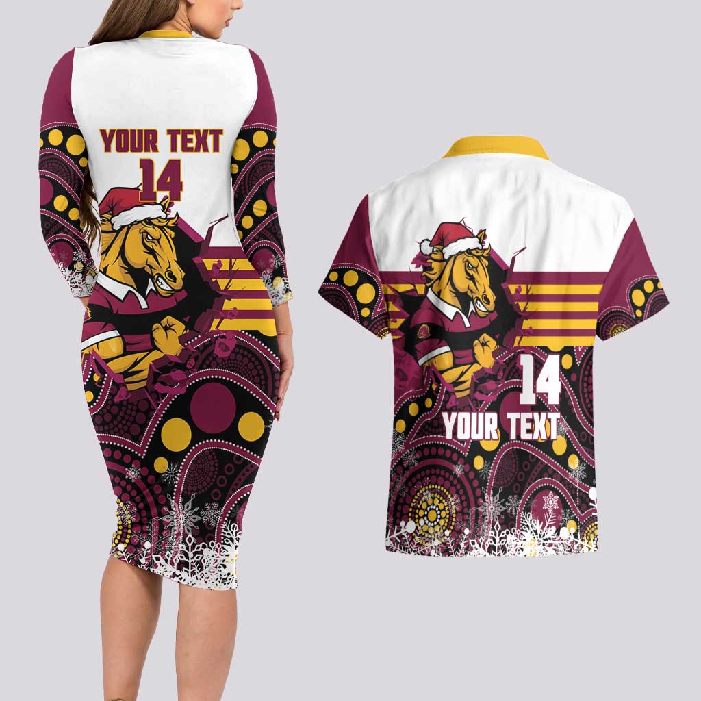 Custom Broncos Rugby Christmas Couples Matching Long Sleeve Bodycon Dress and Hawaiian Shirt Brisbane Giddy Up Aboriginal Art - Aussie Hoodie