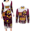 Custom Broncos Rugby Christmas Couples Matching Long Sleeve Bodycon Dress and Long Sleeve Button Shirt Brisbane Giddy Up Aboriginal Art - Aussie Hoodie