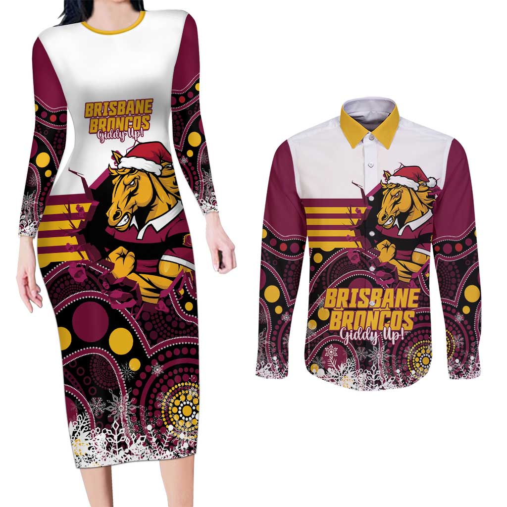 Custom Broncos Rugby Christmas Couples Matching Long Sleeve Bodycon Dress and Long Sleeve Button Shirt Brisbane Giddy Up Aboriginal Art - Aussie Hoodie