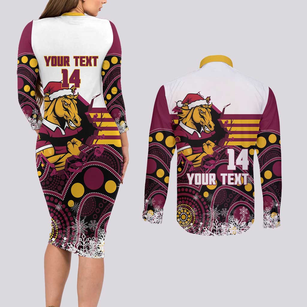 Custom Broncos Rugby Christmas Couples Matching Long Sleeve Bodycon Dress and Long Sleeve Button Shirt Brisbane Giddy Up Aboriginal Art - Aussie Hoodie