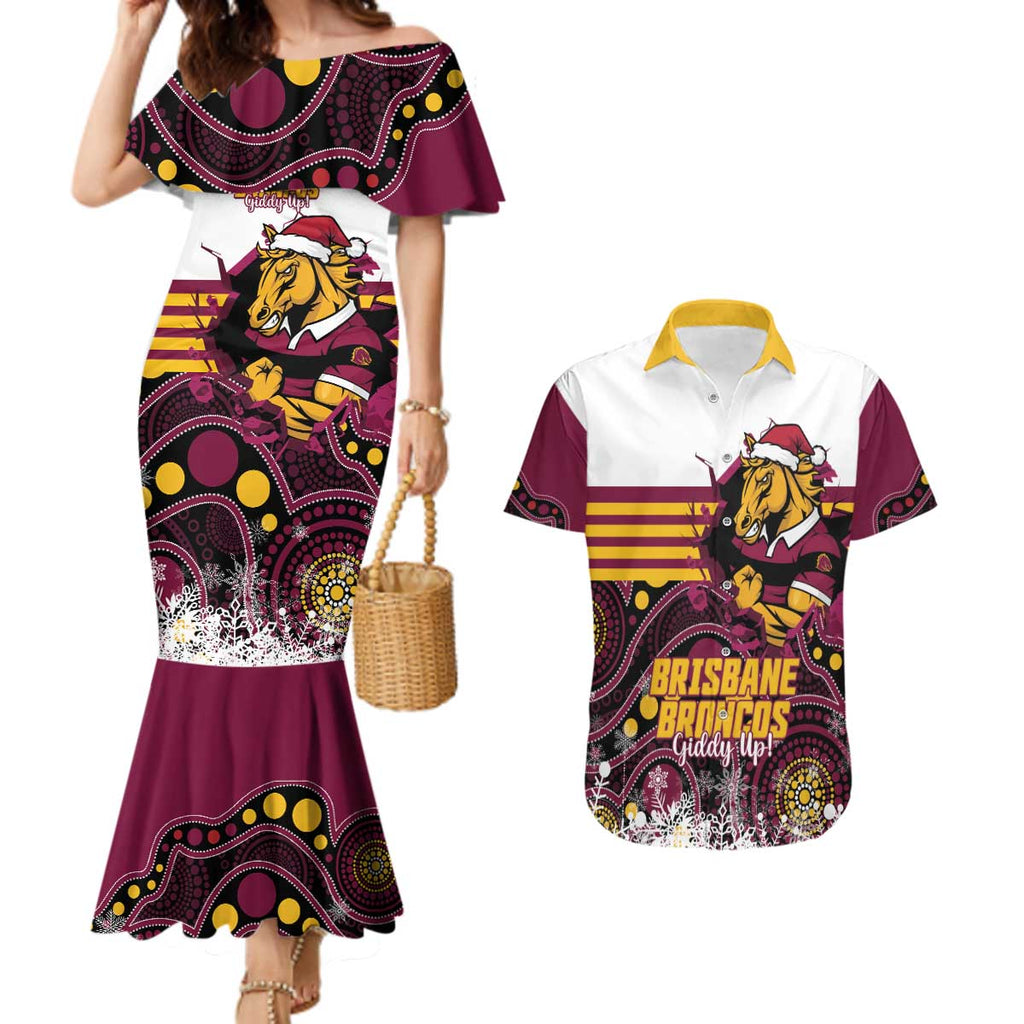 Custom Broncos Rugby Christmas Couples Matching Mermaid Dress and Hawaiian Shirt Brisbane Giddy Up Aboriginal Art - Aussie Hoodie