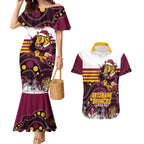 Custom Broncos Rugby Christmas Couples Matching Mermaid Dress and Hawaiian Shirt Brisbane Giddy Up Aboriginal Art - Aussie Hoodie