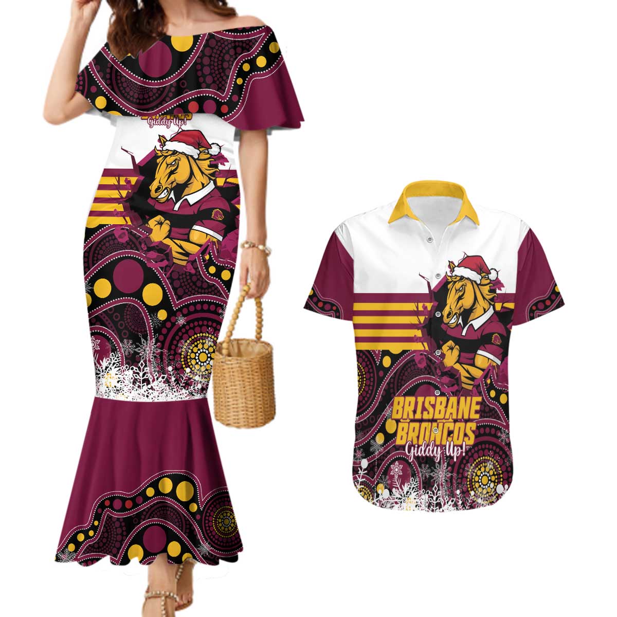 Custom Broncos Rugby Christmas Couples Matching Mermaid Dress and Hawaiian Shirt Brisbane Giddy Up Aboriginal Art - Aussie Hoodie
