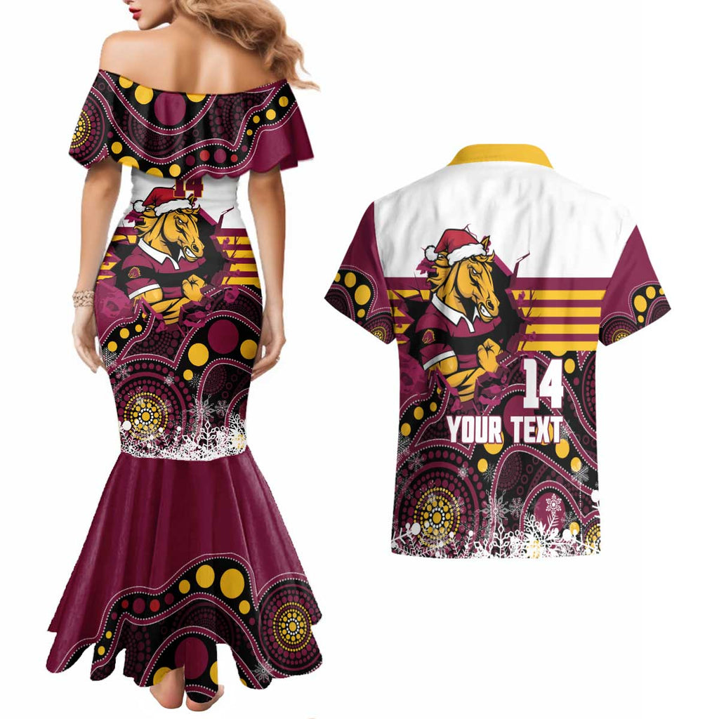 Custom Broncos Rugby Christmas Couples Matching Mermaid Dress and Hawaiian Shirt Brisbane Giddy Up Aboriginal Art - Aussie Hoodie