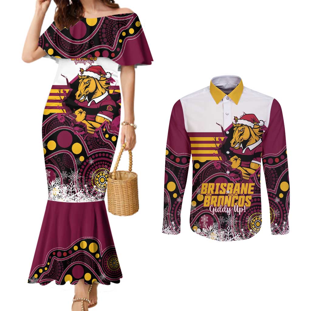 Custom Broncos Rugby Christmas Couples Matching Mermaid Dress and Long Sleeve Button Shirt Brisbane Giddy Up Aboriginal Art - Aussie Hoodie