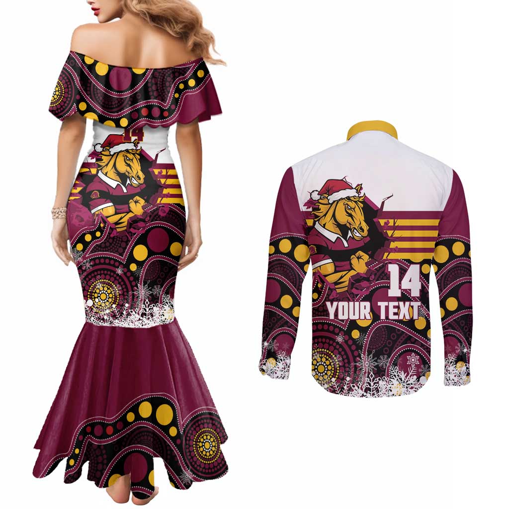 Custom Broncos Rugby Christmas Couples Matching Mermaid Dress and Long Sleeve Button Shirt Brisbane Giddy Up Aboriginal Art - Aussie Hoodie