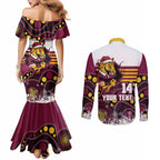 Custom Broncos Rugby Christmas Couples Matching Mermaid Dress and Long Sleeve Button Shirt Brisbane Giddy Up Aboriginal Art - Aussie Hoodie