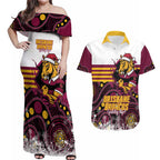 Custom Broncos Rugby Christmas Couples Matching Off Shoulder Maxi Dress and Hawaiian Shirt Brisbane Giddy Up Aboriginal Art - Aussie Hoodie