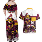 Custom Broncos Rugby Christmas Couples Matching Off Shoulder Maxi Dress and Hawaiian Shirt Brisbane Giddy Up Aboriginal Art - Aussie Hoodie