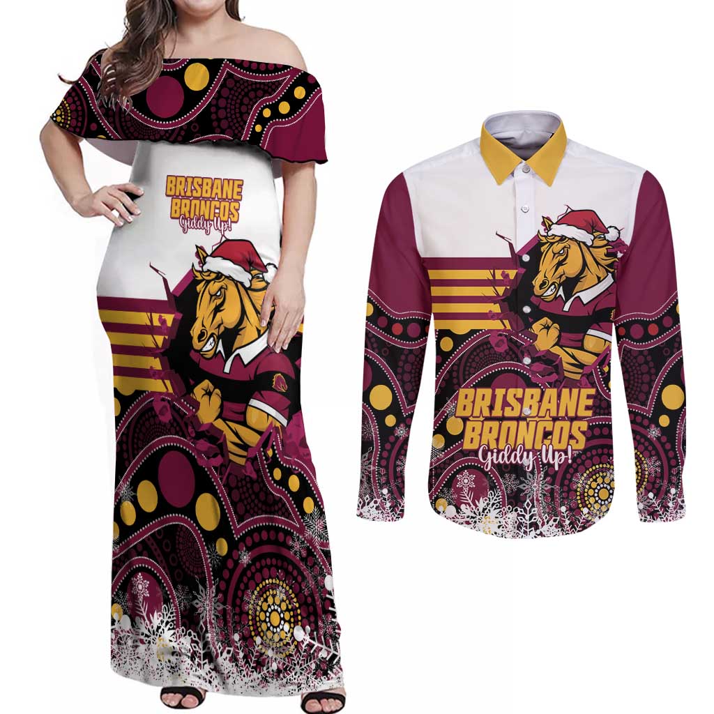 Custom Broncos Rugby Christmas Couples Matching Off Shoulder Maxi Dress and Long Sleeve Button Shirt Brisbane Giddy Up Aboriginal Art - Aussie Hoodie