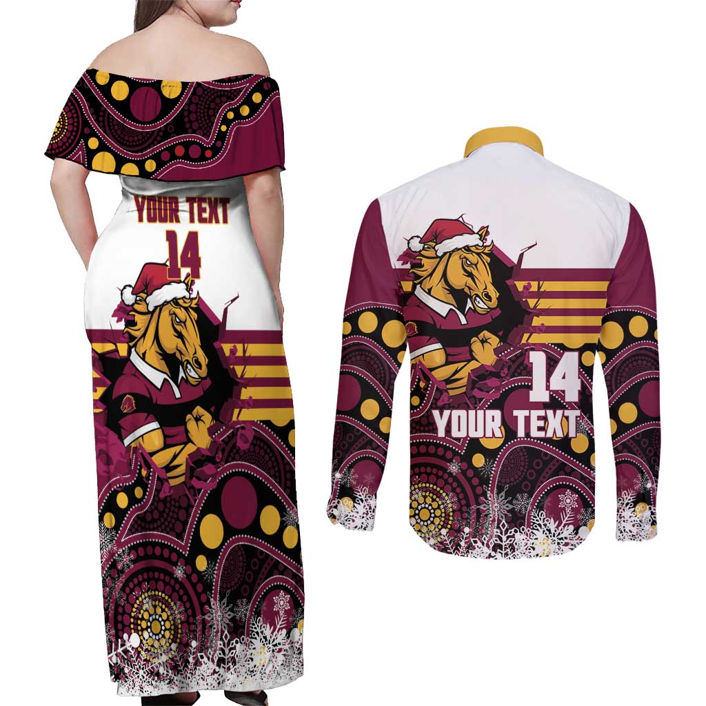 Custom Broncos Rugby Christmas Couples Matching Off Shoulder Maxi Dress and Long Sleeve Button Shirt Brisbane Giddy Up Aboriginal Art - Aussie Hoodie