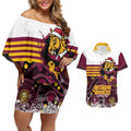 Custom Broncos Rugby Christmas Couples Matching Off Shoulder Short Dress and Hawaiian Shirt Brisbane Giddy Up Aboriginal Art - Aussie Hoodie