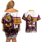 Custom Broncos Rugby Christmas Couples Matching Off Shoulder Short Dress and Hawaiian Shirt Brisbane Giddy Up Aboriginal Art - Aussie Hoodie