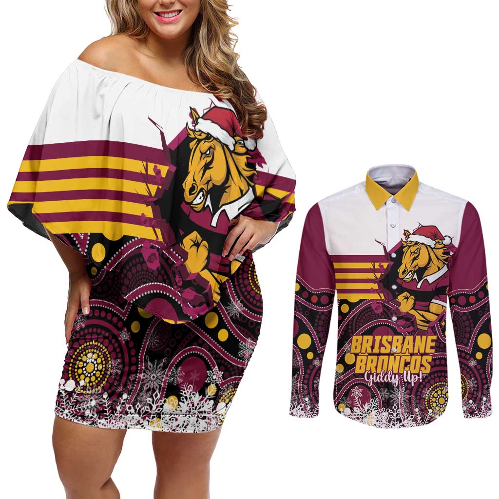 Custom Broncos Rugby Christmas Couples Matching Off Shoulder Short Dress and Long Sleeve Button Shirt Brisbane Giddy Up Aboriginal Art - Aussie Hoodie