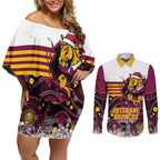 Custom Broncos Rugby Christmas Couples Matching Off Shoulder Short Dress and Long Sleeve Button Shirt Brisbane Giddy Up Aboriginal Art - Aussie Hoodie