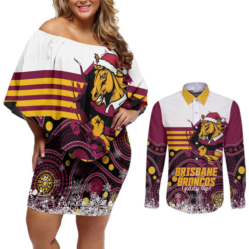 Custom Broncos Rugby Christmas Couples Matching Off Shoulder Short Dress and Long Sleeve Button Shirt Brisbane Giddy Up Aboriginal Art - Aussie Hoodie