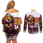Custom Broncos Rugby Christmas Couples Matching Off Shoulder Short Dress and Long Sleeve Button Shirt Brisbane Giddy Up Aboriginal Art - Aussie Hoodie