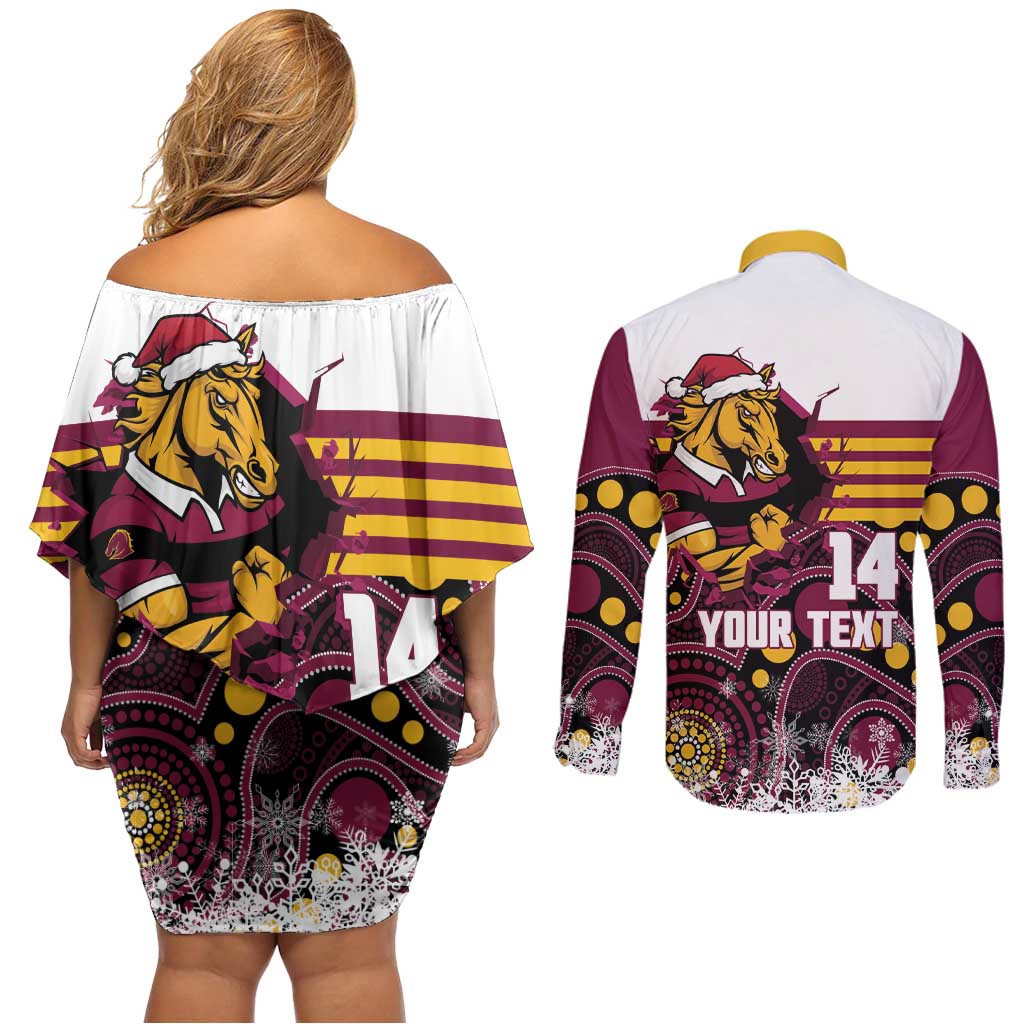 Custom Broncos Rugby Christmas Couples Matching Off Shoulder Short Dress and Long Sleeve Button Shirt Brisbane Giddy Up Aboriginal Art - Aussie Hoodie