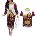 Custom Broncos Rugby Christmas Couples Matching Off The Shoulder Long Sleeve Dress and Hawaiian Shirt Brisbane Giddy Up Aboriginal Art - Aussie Hoodie
