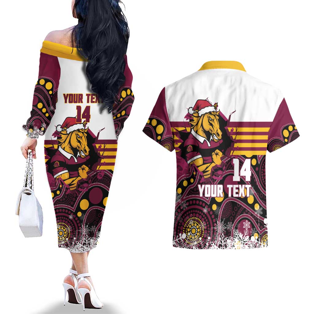 Custom Broncos Rugby Christmas Couples Matching Off The Shoulder Long Sleeve Dress and Hawaiian Shirt Brisbane Giddy Up Aboriginal Art - Aussie Hoodie