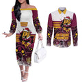 Custom Broncos Rugby Christmas Couples Matching Off The Shoulder Long Sleeve Dress and Long Sleeve Button Shirt Brisbane Giddy Up Aboriginal Art - Aussie Hoodie