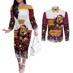 Custom Broncos Rugby Christmas Couples Matching Off The Shoulder Long Sleeve Dress and Long Sleeve Button Shirt Brisbane Giddy Up Aboriginal Art - Aussie Hoodie
