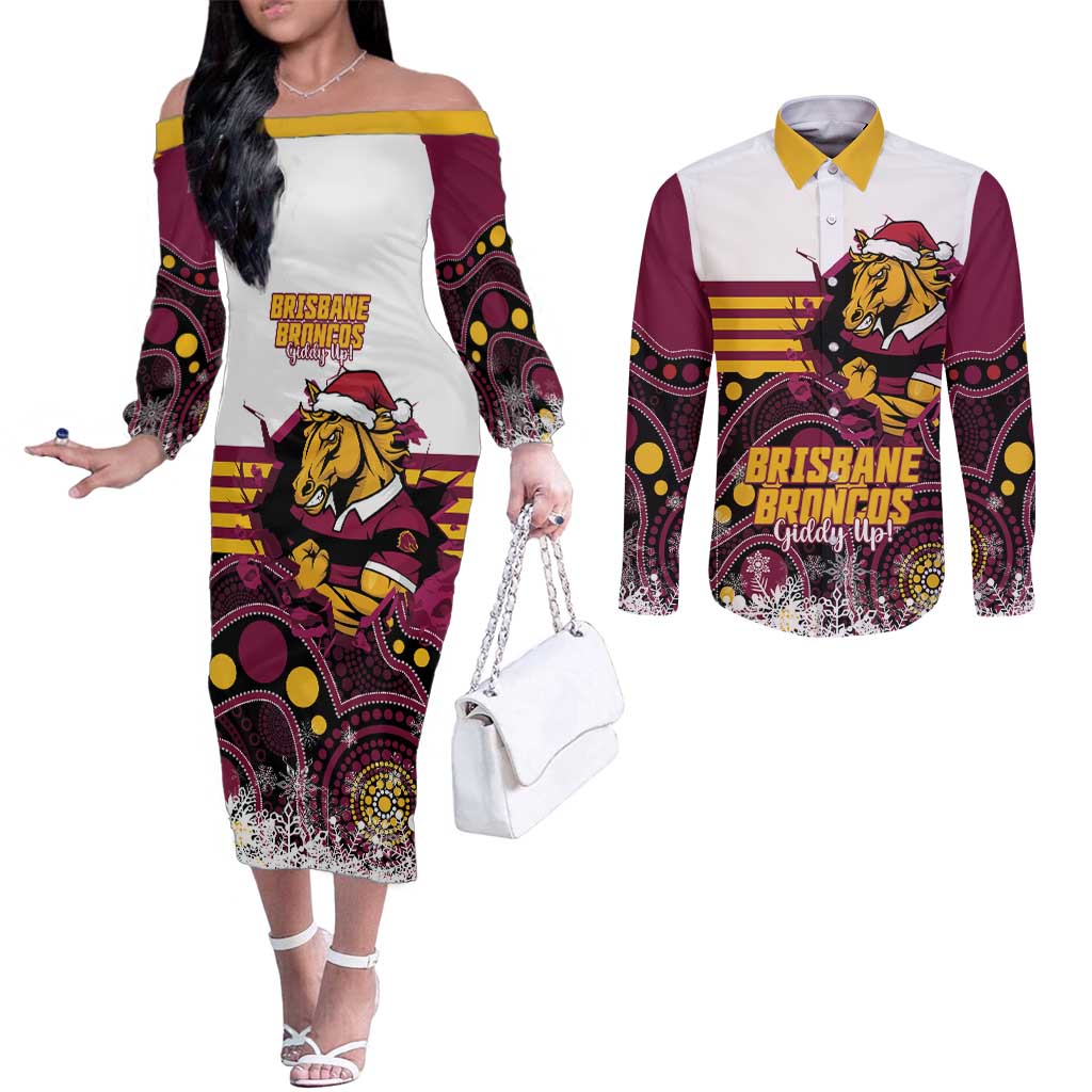 Custom Broncos Rugby Christmas Couples Matching Off The Shoulder Long Sleeve Dress and Long Sleeve Button Shirt Brisbane Giddy Up Aboriginal Art - Aussie Hoodie