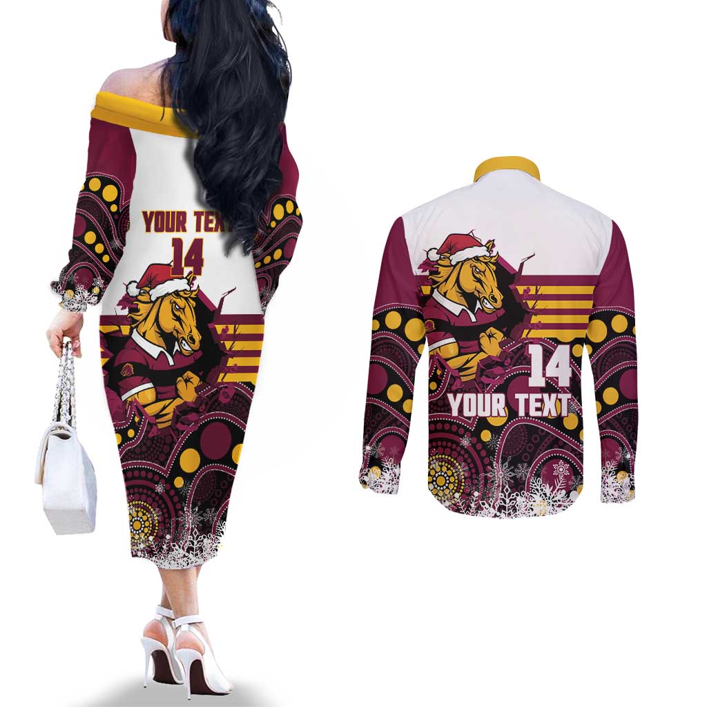 Custom Broncos Rugby Christmas Couples Matching Off The Shoulder Long Sleeve Dress and Long Sleeve Button Shirt Brisbane Giddy Up Aboriginal Art - Aussie Hoodie