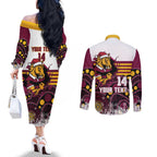 Custom Broncos Rugby Christmas Couples Matching Off The Shoulder Long Sleeve Dress and Long Sleeve Button Shirt Brisbane Giddy Up Aboriginal Art - Aussie Hoodie