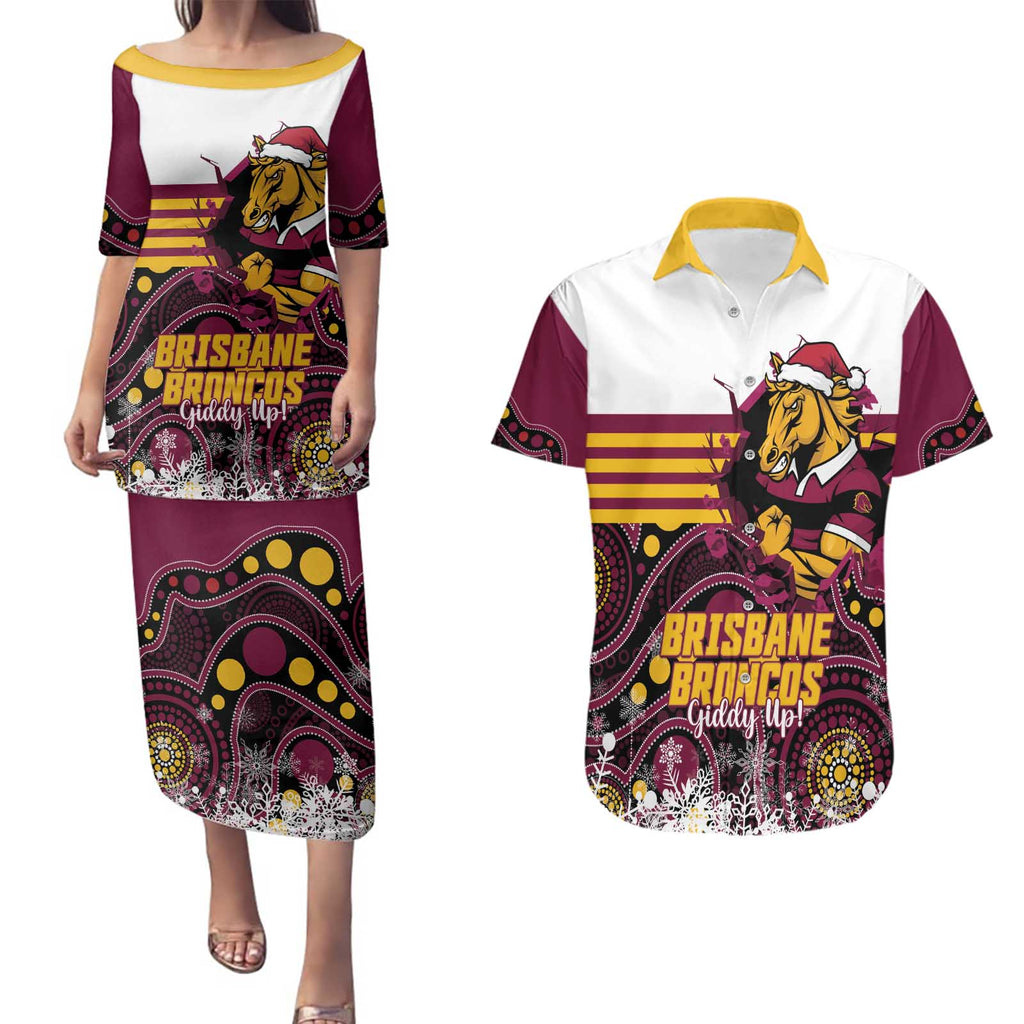 Custom Broncos Rugby Christmas Couples Matching Puletasi and Hawaiian Shirt Brisbane Giddy Up Aboriginal Art - Aussie Hoodie