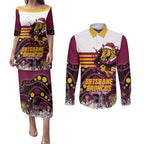 Custom Broncos Rugby Christmas Couples Matching Puletasi and Long Sleeve Button Shirt Brisbane Giddy Up Aboriginal Art - Aussie Hoodie