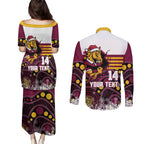 Custom Broncos Rugby Christmas Couples Matching Puletasi and Long Sleeve Button Shirt Brisbane Giddy Up Aboriginal Art - Aussie Hoodie