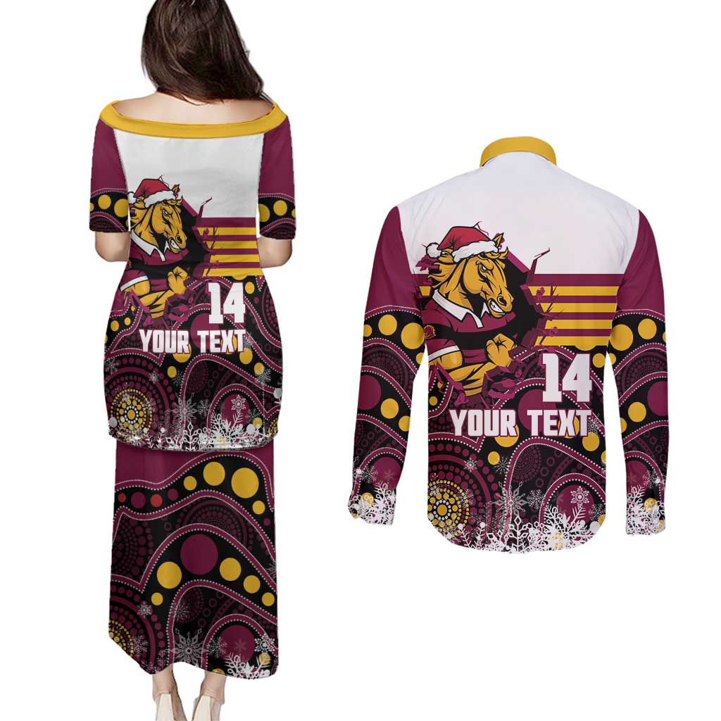 Custom Broncos Rugby Christmas Couples Matching Puletasi and Long Sleeve Button Shirt Brisbane Giddy Up Aboriginal Art - Aussie Hoodie
