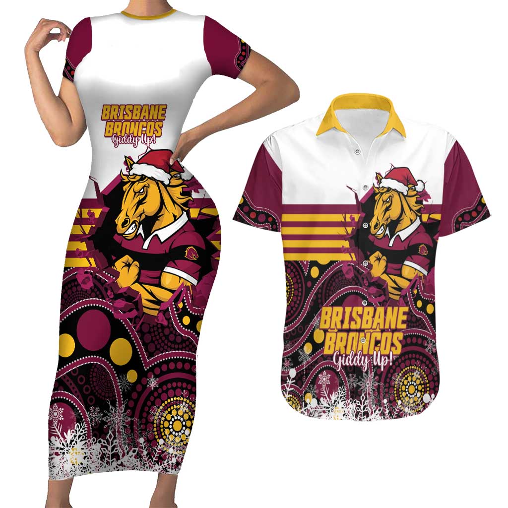 Custom Broncos Rugby Christmas Couples Matching Short Sleeve Bodycon Dress and Hawaiian Shirt Brisbane Giddy Up Aboriginal Art - Aussie Hoodie