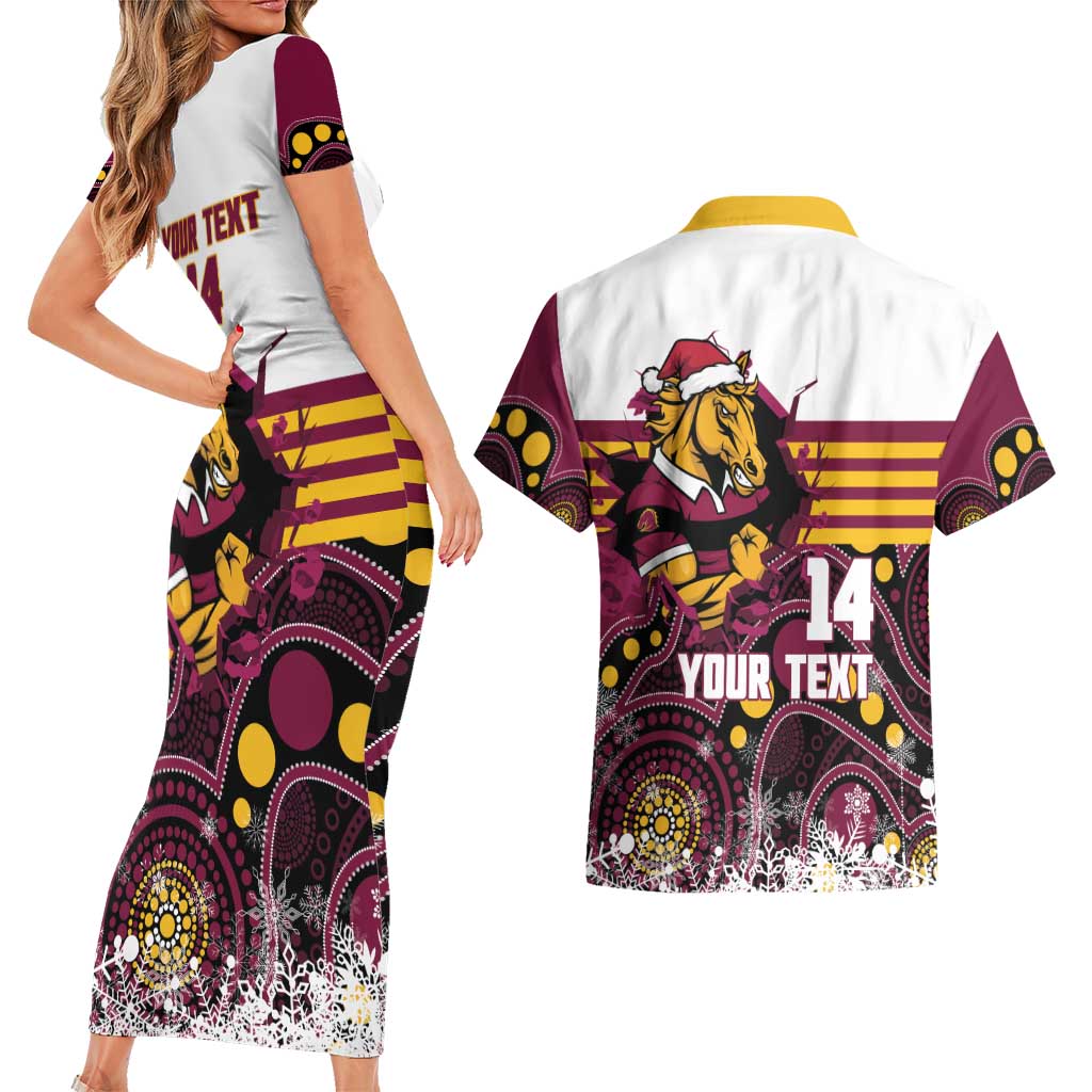 Custom Broncos Rugby Christmas Couples Matching Short Sleeve Bodycon Dress and Hawaiian Shirt Brisbane Giddy Up Aboriginal Art - Aussie Hoodie