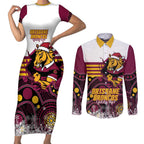Custom Broncos Rugby Christmas Couples Matching Short Sleeve Bodycon Dress and Long Sleeve Button Shirt Brisbane Giddy Up Aboriginal Art - Aussie Hoodie