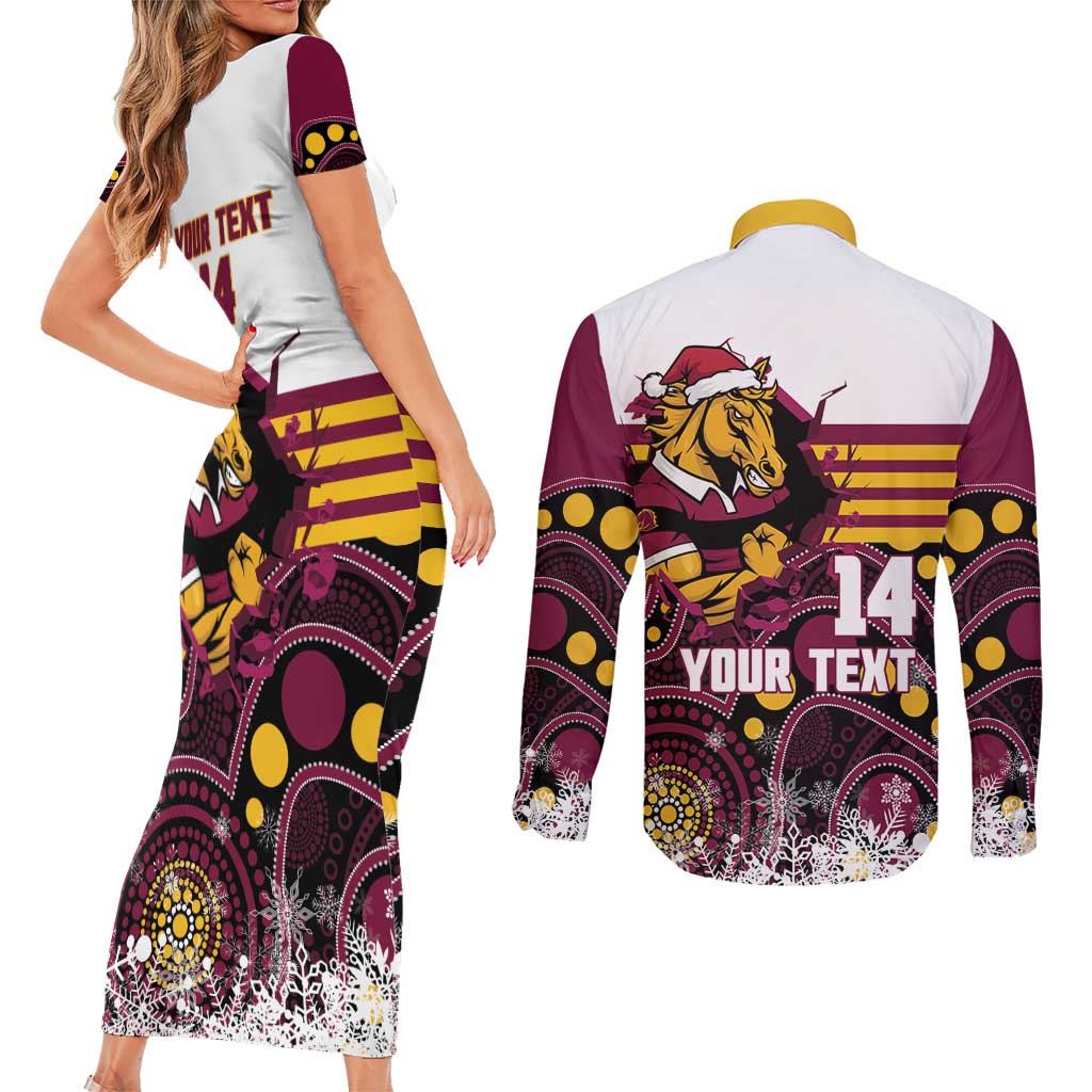 Custom Broncos Rugby Christmas Couples Matching Short Sleeve Bodycon Dress and Long Sleeve Button Shirt Brisbane Giddy Up Aboriginal Art - Aussie Hoodie