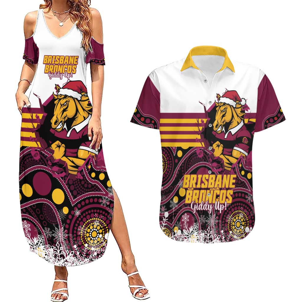 Custom Broncos Rugby Christmas Couples Matching Summer Maxi Dress and Hawaiian Shirt Brisbane Giddy Up Aboriginal Art - Aussie Hoodie