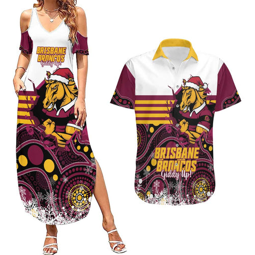 Custom Broncos Rugby Christmas Couples Matching Summer Maxi Dress and Hawaiian Shirt Brisbane Giddy Up Aboriginal Art - Aussie Hoodie