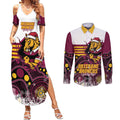 Custom Broncos Rugby Christmas Couples Matching Summer Maxi Dress and Long Sleeve Button Shirt Brisbane Giddy Up Aboriginal Art - Aussie Hoodie