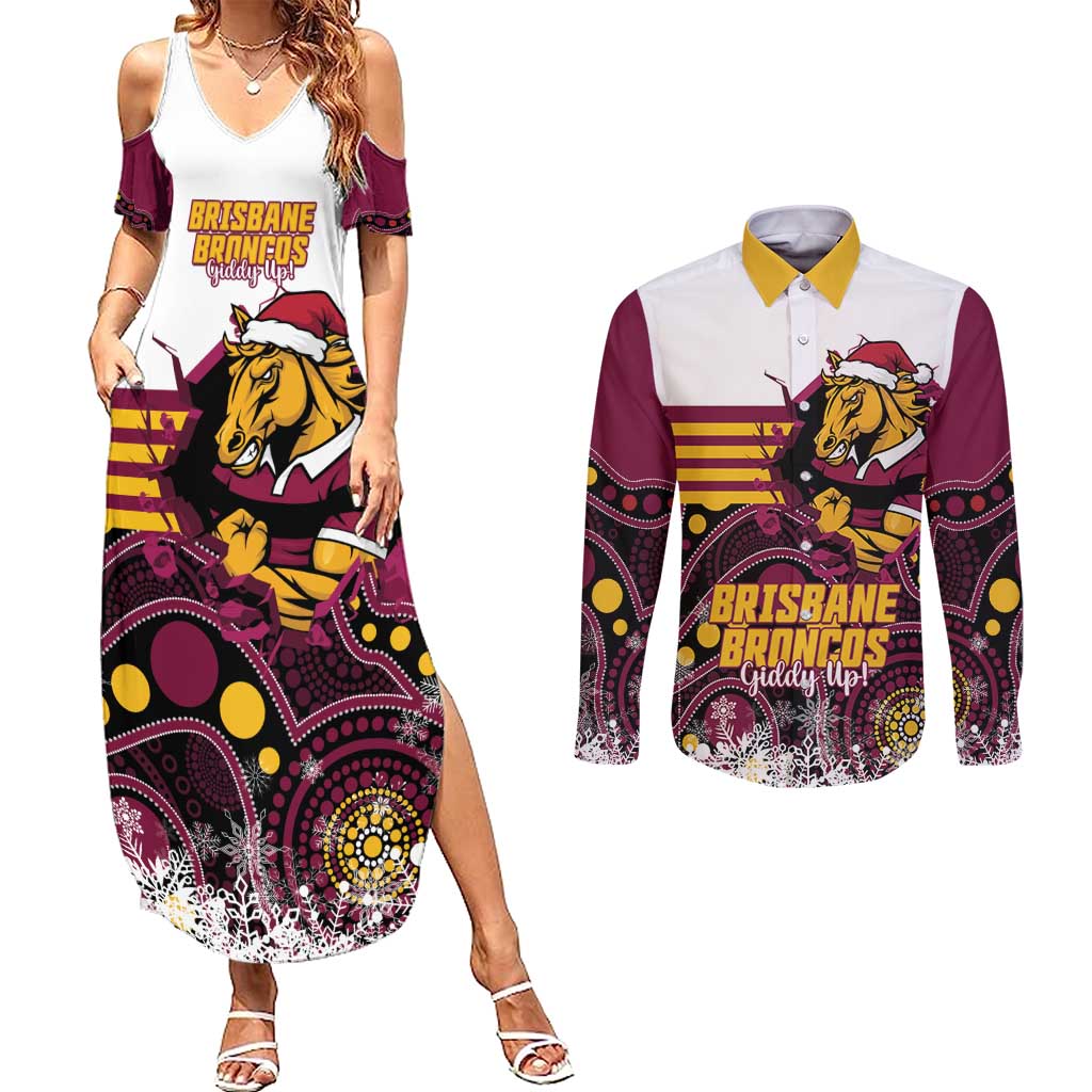 Custom Broncos Rugby Christmas Couples Matching Summer Maxi Dress and Long Sleeve Button Shirt Brisbane Giddy Up Aboriginal Art - Aussie Hoodie