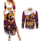 Custom Broncos Rugby Christmas Couples Matching Summer Maxi Dress and Long Sleeve Button Shirt Brisbane Giddy Up Aboriginal Art - Aussie Hoodie