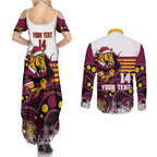 Custom Broncos Rugby Christmas Couples Matching Summer Maxi Dress and Long Sleeve Button Shirt Brisbane Giddy Up Aboriginal Art - Aussie Hoodie