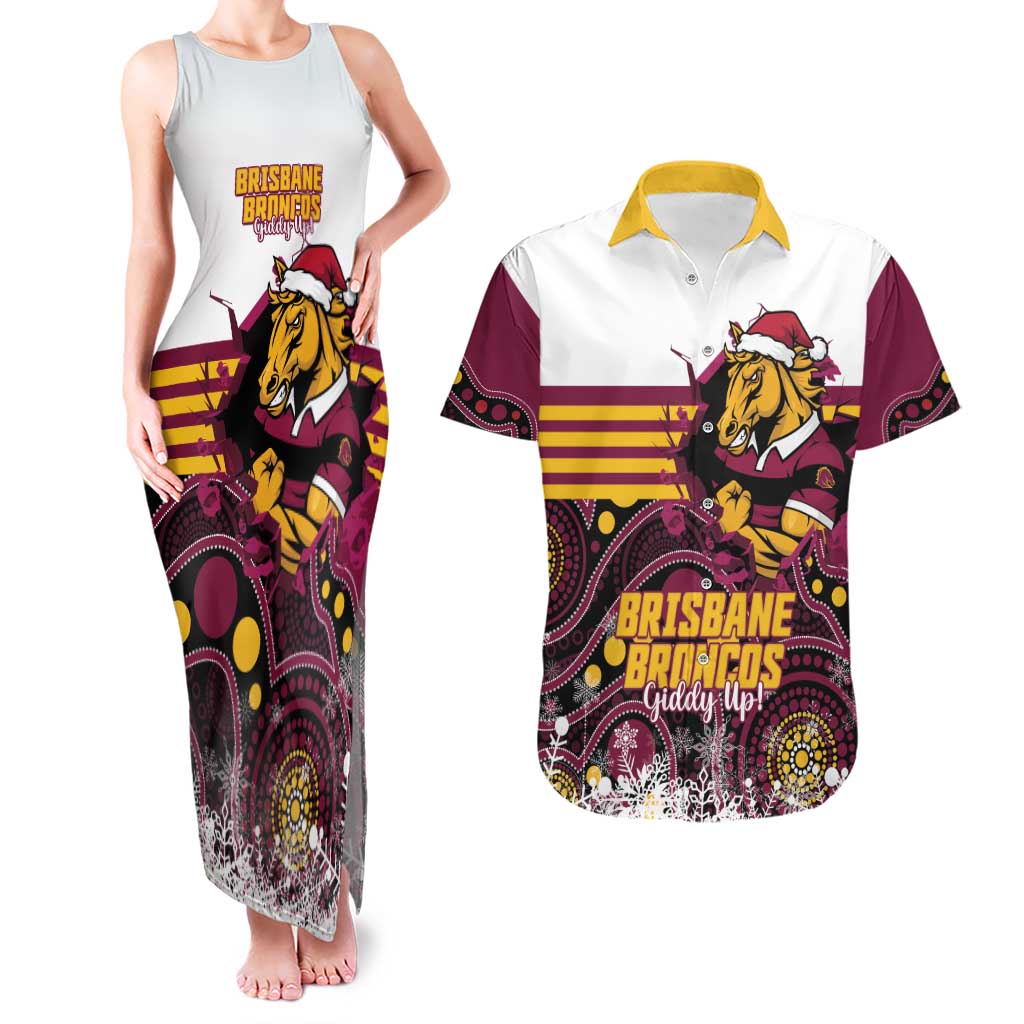 Custom Broncos Rugby Christmas Couples Matching Tank Maxi Dress and Hawaiian Shirt Brisbane Giddy Up Aboriginal Art - Aussie Hoodie