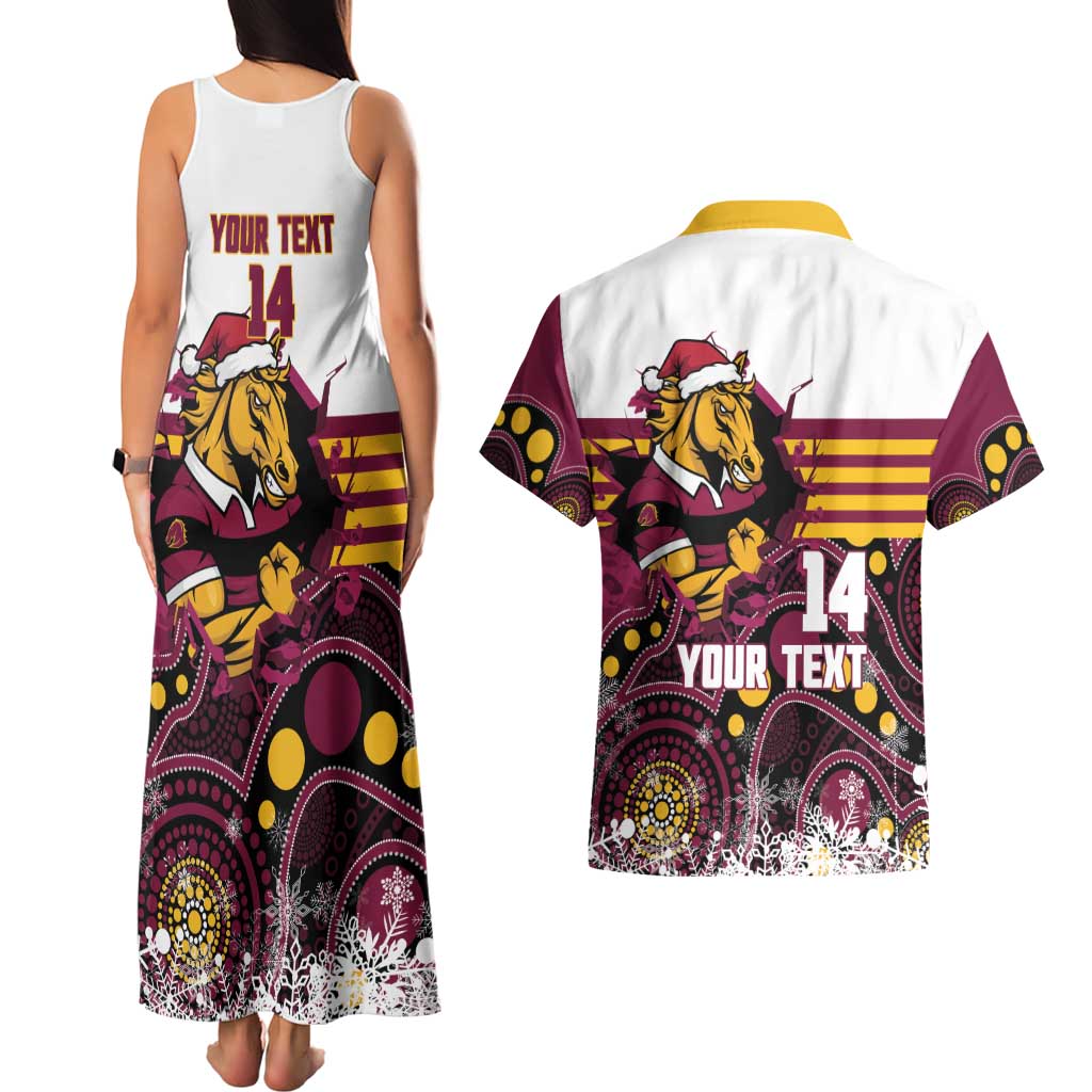 Custom Broncos Rugby Christmas Couples Matching Tank Maxi Dress and Hawaiian Shirt Brisbane Giddy Up Aboriginal Art - Aussie Hoodie