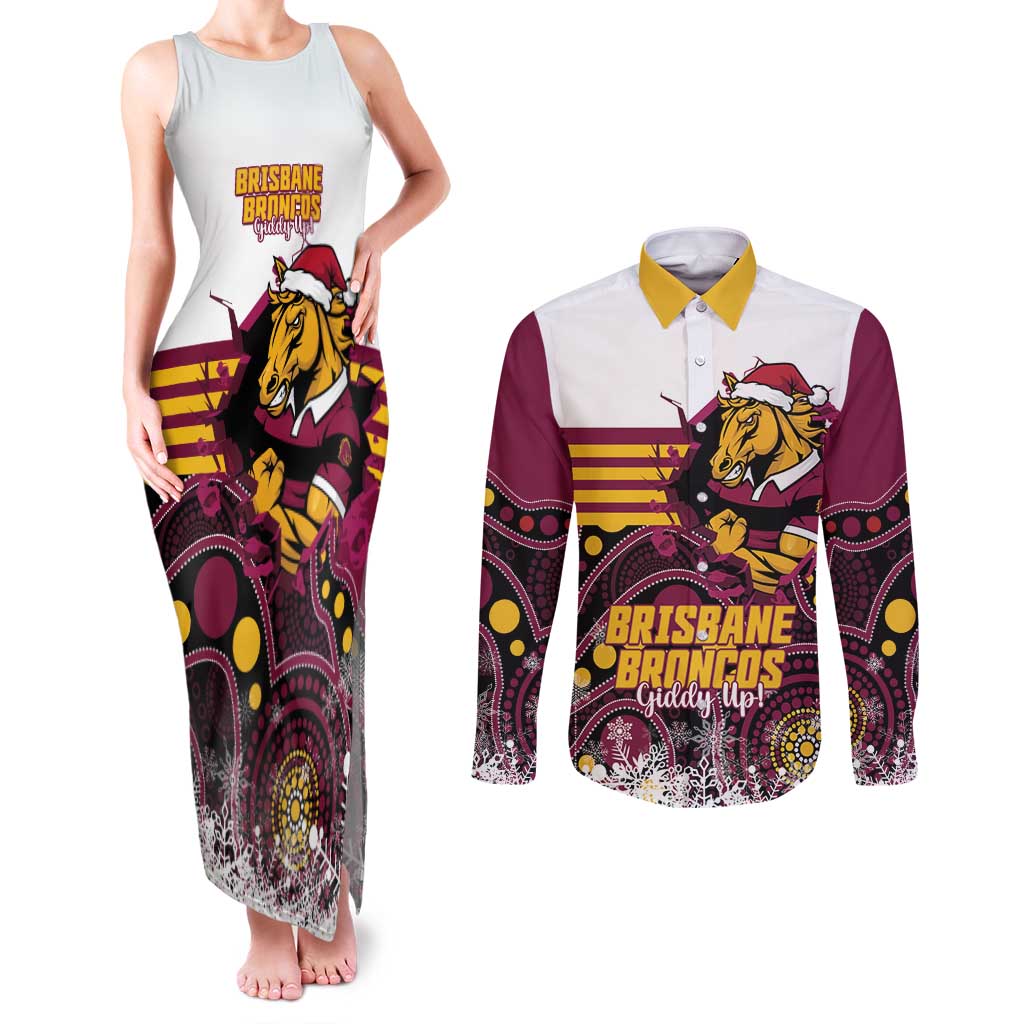 Custom Broncos Rugby Christmas Couples Matching Tank Maxi Dress and Long Sleeve Button Shirt Brisbane Giddy Up Aboriginal Art - Aussie Hoodie