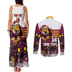Custom Broncos Rugby Christmas Couples Matching Tank Maxi Dress and Long Sleeve Button Shirt Brisbane Giddy Up Aboriginal Art - Aussie Hoodie
